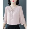 Verano 2025 Nuevo Encaje con Cordones Borde de Oreja Manga Siete Blusa de Gasa Moda Femenina Cubre Vientre Tops Hermosos Camisa Pequeña