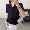 Camiseta de punto trenzado color beige con cuello camisero de manga corta para mujer, top de verano estilo francés de cuello alto ajustado