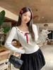 Suéter de Punto para Mujer Color Blanco Francés, Cuello en U, Bloques de Color, Lazo, Manga Larga, Diseño Ajustado, Top de Otoño