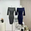 Vestido Rachel em Lyocell para Mulheres, Novo Modelo Outono 2026, Vestido de Manga Três Quartos, Emagrecedor, Cor Sólida Azul Marinho Cinza em Tencel