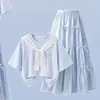 Conjunto de encaje azul de manga corta, fresco y sencillo, para niñas, lindo y casual, versátil conjunto de dos piezas con falda, 2026