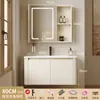 Set de baño para uso doméstico estilo crema con esquinas redondeadas, lavabo integrado de cerámica, lavabo y tocador de aluminio espacial para baño