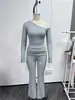 Comercio Exterior Europeo y Americano Transfronterizo Ropa Nueva para Mujer Americana Sexy Sexy de Hombros Descubiertos Manga Larga Corta que Muestra el Ombligo Pantalones Plisados Traje