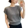 Camiseta Feminina de Tricô Vazado com Mangas Curtas, Estilo Fino, Nova Chegada Verão 2026, Gola Redonda, Mangas Flare, Solta, Top que Esconde o Corpo