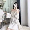 Pijamas de Seda de Hielo para Mujer, Nuevo Camisón de Encaje para Primavera y Verano, Camisón Corto Estilo Puro Deseo, Conjunto de Ropa de Dormir con Bata Exterior