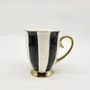 Juego de Taza y Platillo para Café Estilo Retro Blanco y Negro Rayado Estilo Europeo con Borde Dorado para Hogar y Oficina Taza para Desayuno Leche Taza de Café