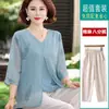 Conjunto de camiseta de verano para mamá, conjunto de camiseta de manga corta de dos piezas simuladas, nuevo diseño elegante 2026, top holgado con cuello en V para mujeres de mediana edad y mayores