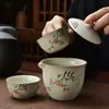 Juego de Té Portátil para Viaje, Taza de Infusión Rápida, Una Tetera y Dos Tazas, Cerámica Ru Kiln Tetera para Exteriores Regalo