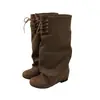 Botas de Cano Alto Femininas Retro Bico Redondo Salto Bloco Nova Versátil Cadarço Amassado Empilhado Emagrecedor Cano Alto Botas de Equitação