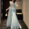 Vestido longo estilo fada Shen An, elegante, de alta resistência, estilo francês, com alça delicada, decote com contas, saia longa em forma de sereia de renda bordada