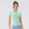 Camiseta de yoga de verano para mujer, de manga corta, con almohadilla para el pecho, transpirable, de secado rápido, para correr y fitness, traje deportivo ajustado y adelgazante.