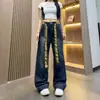 Jeans azules gris holgados y adelgazantes de talla grande con figura de pera para mujer, pantalones de pierna ancha estilo americano con diseño de patchwork tie-dye
