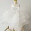 Vestido infantil de lantejoulas, sem mangas, decote V com laço, saia ampla e rodada, adequado para festas, ensaios fotográficos ao ar livre, vestidos de dama de honra, vestidos de princesa