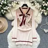 Vestido de Manga Larga de Punto Estilo Tweed de Gama Alta con Correa de Lazo de Color Contrastante para Mujer Hebilla Metálica Cintura Adelgazante Falda de Punto