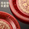 Plato de Servir Dorado Grabado con Láser, Cristal de Imitación, Plato Grueso para Frutas, Plato Plano con Relieve, Plato Rojo que Atrae la Riqueza, Plato de Bendiciones, Artículos Budistas