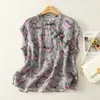 Verão Novo Algodão Linho Literário Retrô Versátil Gola Diagonal Botão de Rã Camisa Top Melhorado Feminino Roupas de Chá Zen Camada de Base