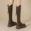 Botas Altas de Suela Gruesa para Mujer Chuyuji 2026 Otoño Nuevo Marrón que Aumentan la Altura de Caña Alta con Corte en V Botas de Jinete para Mujeres Bajitas