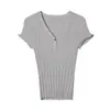 Top de punto escote en V adelgazante para mujer, nueva camiseta de manga corta, elegante y adecuada para ir al trabajo, corte ajustado, top de hombro normal