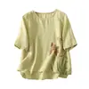 Camiseta de Verano Nueva de Algodón y Lino Estampada Cuello Redondo para Mujer Delgada Talla Grande Holgada Versátil Pulóver Casual Top que Reduce la Edad