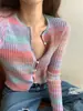Suéter de Tricô Cardigan Jaqueta com Gradiente de Pôr do Sol Fino para Outono Inicial Top Feminino Nova Moda Roupas Femininas
