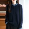 Suéter 100% Lã Pura para Mulheres com Gola Franzida Color-Blocking Estilo Francês, Tricô Falso Duas Peças para Outono e Inverno