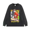 Camiseta de manga corta lavada con efecto desgastado y estampado de anime, marca de moda urbana americana de corte holgado, cuello redondo
