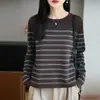 Suéter tejido a rayas de algodón 100% puro de estilo casual para mujer, nueva moda otoño/invierno, suéter versátil de corte holgado con cuello redondo, perfecto como capa base