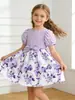 Vestido Florido Infantil com Manga Bufante Verão Cinto de Laço Infantil Cintura Marcada Saia Fofa de Princesa Tendência Dia das Crianças 1º de Junho