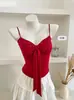 418# Top Camisola Chaleco de Tirantes Delgados con Lazo Plisado Revelador de Escote con Pedrería para Mujer, Capa Base para Exteriores
