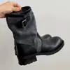 Botas apiladas de ajuste ceñido en color block retro para mujer, nuevo estilo otoño 2026, botas de tacón grueso hasta la pantorrilla con hebilla de cinturón, botas de motociclista, botas Martin