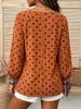 Camisa casual vintage de lunares para mujer con tela acanalada texturizada, corte holgado, dobladillo plisado, top de manga larga, suministro