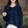 Cardigã feminino com gola redonda, acabamento canelado, tricô jacquard, suéter de caimento solto para outono e inverno, novo, cor sólida, versátil e peça superior espessa