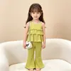 Roupas Infantis Transfronteiriças Novas 2026 Estilo Verão Meninas Top Costas Nu com Alças Cor Sólida Canelado Calça Flare Estilosa Conjunto de Duas Peças