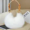 Bolsa Transversal de Primavera e Outono para Mulheres, Bolsa de Ombro Estilo Vintage com Contas, Bolsa de Mão de Pelúcia Estilo Preguiçoso, Bolsa de Mão de Pelúcia com Contas de Madeira