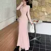 Vestido Longo de Manga Longa Cor Sólida com Cintura Marcada e Amarração Botões Estilo Mature Francês para Mulheres Outono Sexy Temperamento Justo ao Corpo Abraçando o Quadril Saia Longa
