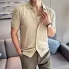 Cardigan de Tricô de Linho Lyocell Masculino de Verão Respirável Jacquard Textura Vazada Gola Lapela Camisa Polo de Manga Curta