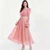Vestido de encaje estilo francés suave con manga acampanada, cuello alto, de un solo botón, con volantes, ajustado, falda de dobladillo amplio con cinturón