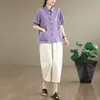 Foto Real de Conjunto de Duas Peças para Mulheres: Blusa Soltinha de Algodão e Linho Estilo Mom de Verão com Mangas Médias + Calça de Cintura Alta