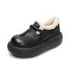 Sapatos de Algodão Retrô de Couro Bovino de Primeira Camada para Mulheres 2025 Outono e Inverno Novo Estilo Plataforma Sola Grossa Aumento Bico Redondo Sapatos com Palmilha de Lã