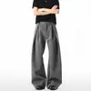 Calça Casual de Tecido com Pregas Finas 3D e Barra Curva, Estilo Americano, para Homens e Mulheres, Nova Coleção de Verão, Silhueta Solta, Elegante, Emagrecimento, Perna Larga, Longa