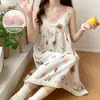 Camisola de Verão com Bojo Nova Fofa Simples Solta Pequena Floral Roupa de Casa Feminina Pijama Saia Longa Acima do Joelho