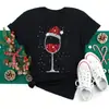 Maycaur Sombreros de Copa de Vino Navideños para Mujer Cuello Redondo Camiseta Negra