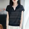 Camiseta de tricô Lyocell com decote V aberto e manga curta, luxo leve para mulheres, camisa básica slim fit de alta qualidade para o verão, top fino