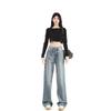 Calça Jeans Reta Solta de Cintura Alta Azul para Mulheres Altas, Estilo Americano, Desgastada, Emagrecedora, Comprimento no Chão para Primavera e Outono
