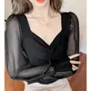 Blusa de tricô patchwork com design de mola, malha vazada, manga longa para mulheres, camisa curta com decote quadrado francês