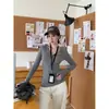 Camiseta elegante y única de manga larga con cuello para mujer, gris otoño, corte ajustado, top básico versátil