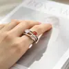 Anillo de Gemas Ovaladas Multicolor de Tres Capas Transfronterizo Yanbai para Mujer Anillo para Dedo Índice de Nicho Anillo para Dedo Hueco de Lujo Ligero Retro Temperamento