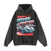 Sudadera con capucha, sudadera tipo pullover, con estampado gráfico de carreras vintage, lavada y desgastada, en stock para entrega inmediata