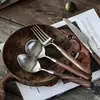 Madeira Maciça Retro Madeira Maciça Noz Talheres Bife Comida Ocidental Faca, Garfo e Colher Conjunto de 4 Peças Aço Inoxidável 304 Escovado Colher de Sobremesa