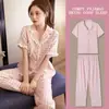 Pijama de Encaje de Alta Gama para Mujer con Pantalones Cortos, Cardigan Fino de Primavera, Otoño y Verano, Traje Sencillo Retro Verde para el Hogar